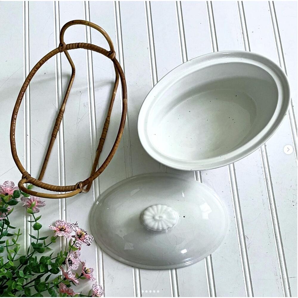 Vintage Arabia Finland White Stoneware Covered Dish Wicker Bamboo Carrier